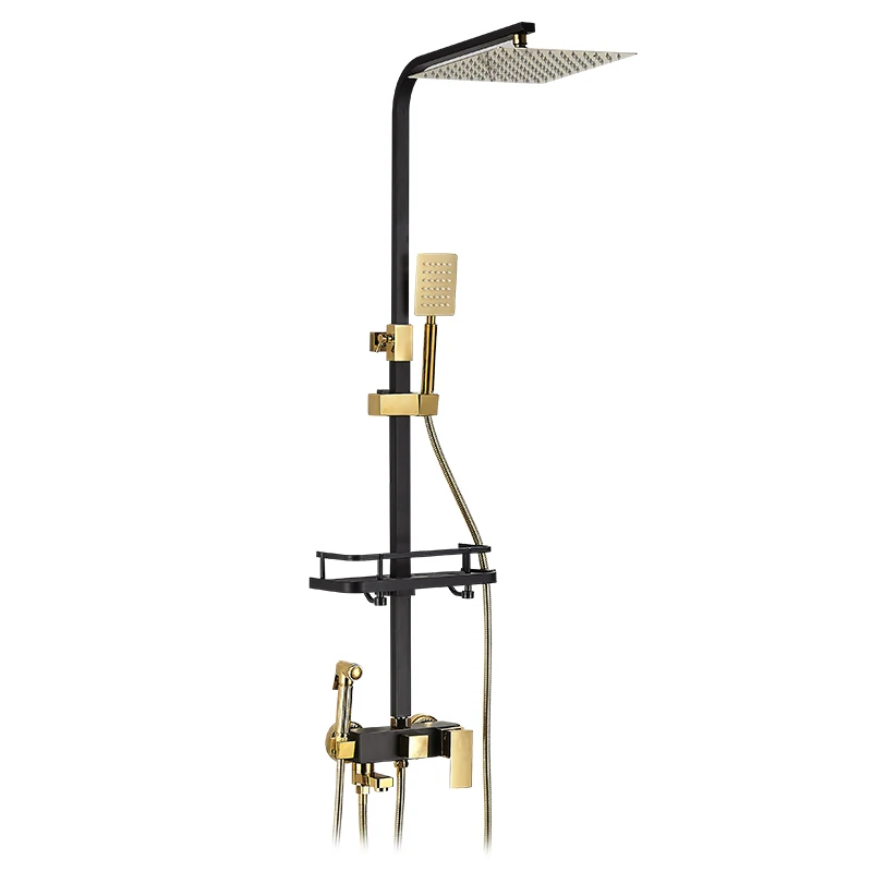 

Pressurized rain shower head bathroom full copper faucet golden black shower set