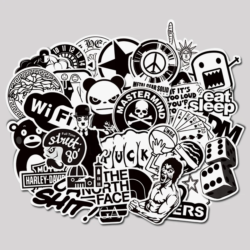 

100 PCS Black and White Random Sticker Funny Graffiti Rock Cartoon Stickers DIY Car Skateboard Guitar Helmet Bike Laptop Fridge
