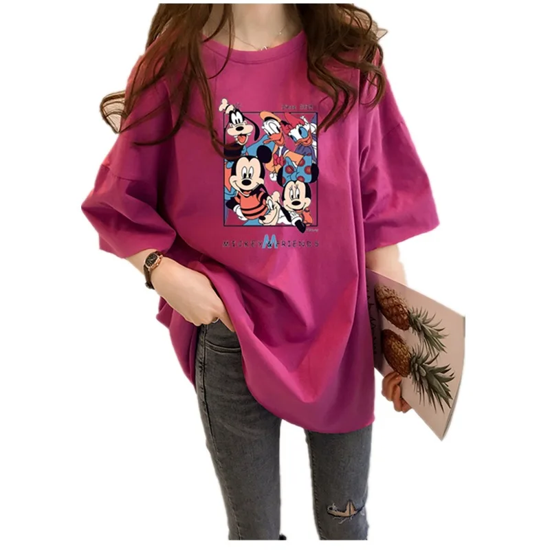 

Original Disney Summer Hot Mickey Mouse Round Neck Women Short Sleeve Student Thin Large Size Women's Printed Mid-length T-shirt