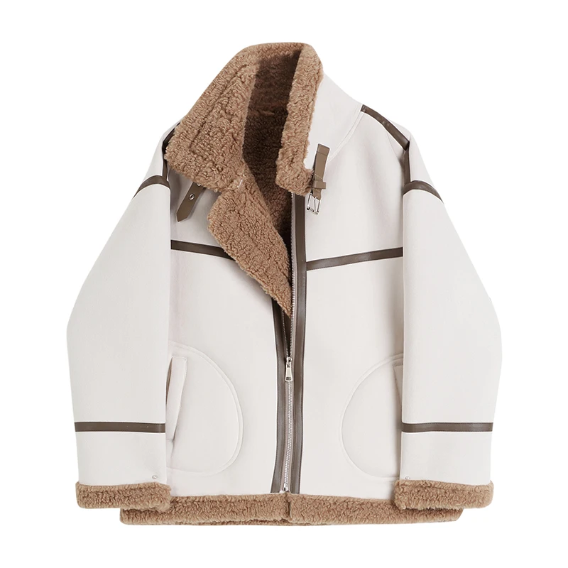 

2021 Winter Women Fur Short Jacket Loose Warm Thickened Zippers Locomotive Patchwork Vintage Female Fashion Faux Lamb Wool Coat