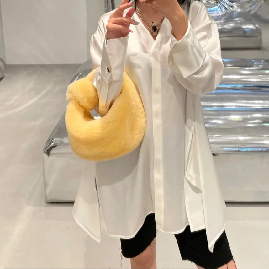 Knot Handle Faux Fur Handbags for Women Winter Cute Ladies Hand Bag Fairy Female Purses and Clutch Plush Small Brand Designer |
