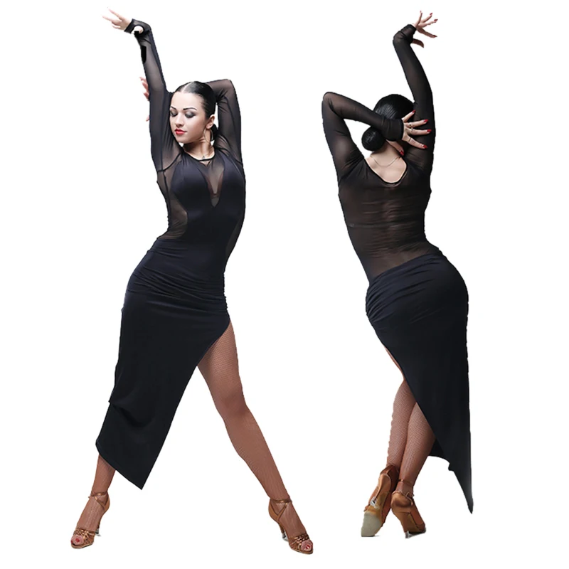 

2021 Latin Dance Clothes Adult Side Slit Sexy Black Dress Women Tango Salsa Dance Costume Rumba Performance Clothing