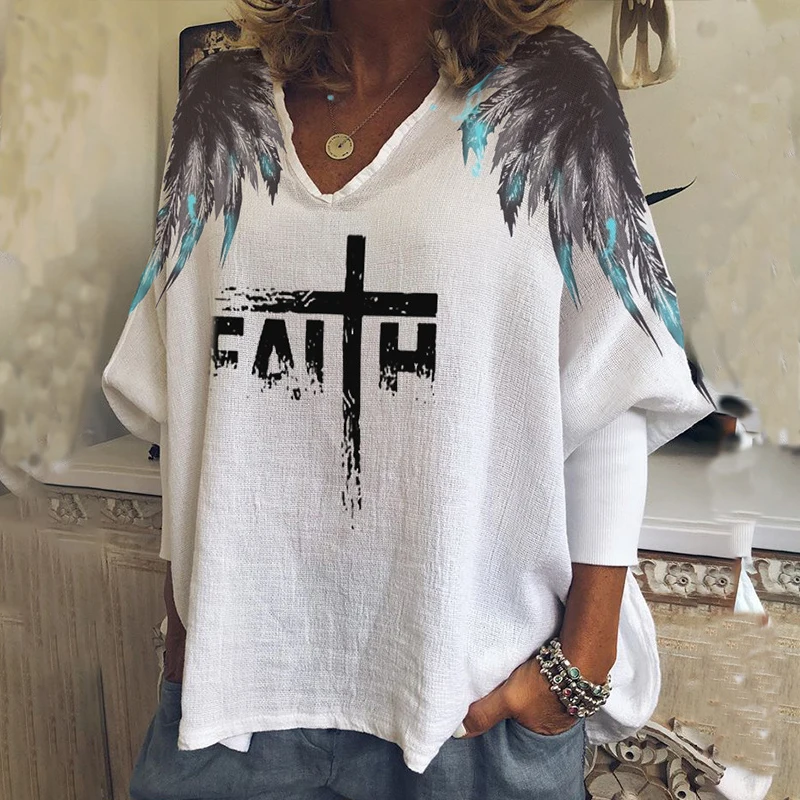 

2021 Spring Faith Wing Print V Neck Casual Women T-Shirt Autumn Plus Size Pullover White Color Batwing Sleeve Loose Tops