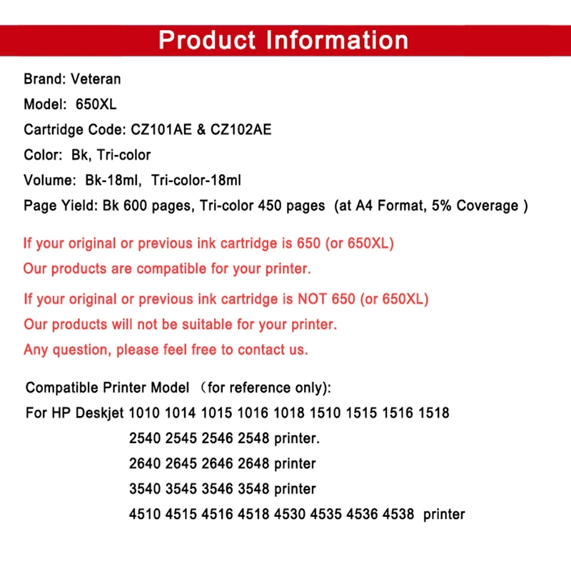 Veteran совместимый цветной картридж 650 XL для замены картриджа Hp Hp650 Deskjet 1015 1515 2515 2545