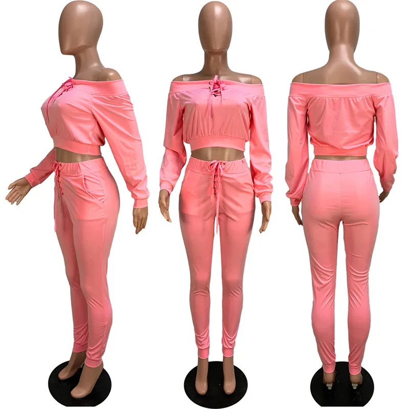 

Autumn Spring 2 Piece Set Women Clothes Sexy Lace Up Slash Neck Long Sleeve Crop Top and Pants Suit Casual Two Piece Outfits