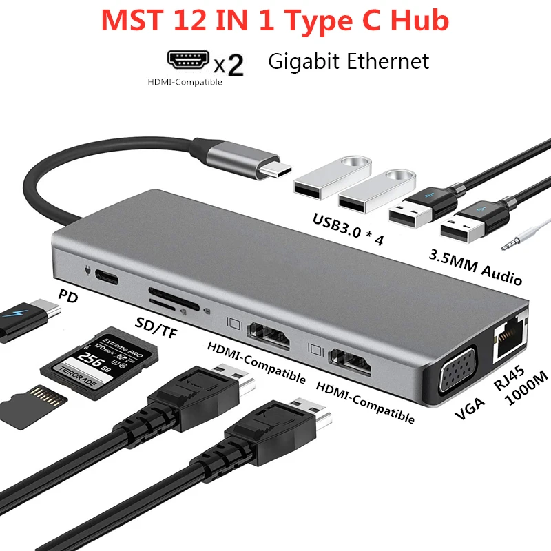 

Type C Docking Station MST Multi Hub Dual HDMI-Compatible RJ45 VGA USB3.0 Audio Adapter for MacBook Pro/Air Thunderbolt 3 Dock