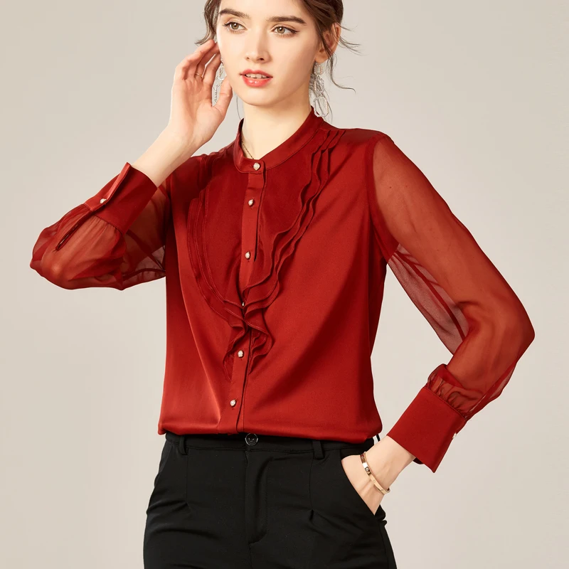 

95% Silk 5% Spandex Women's Shirt O Neck Long Sleeves Ruffles Elegant Blouse Fashion Camisa Tops