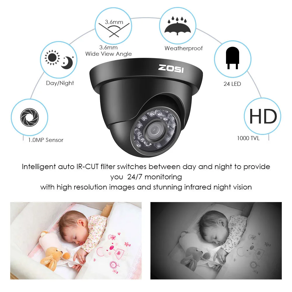 ZOSI 720P 8-канальный сетевой видеорегистратор 4-в-1 видеорегистратор AHD TVI CVI CVBS купольная светодиодной видеоподсветки черный Камера CCTV Системы гибридный видеорегистратор комплект с 1 ТБ жесткий диск HDD