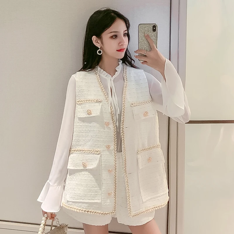 Женский элегантный твидовый комплект из 3 предметов блузка жилет и шорты осень 2019