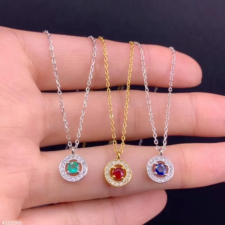 

KJJEAXCMY jewelry 925 sterling silver inlaid natural ruby emerald sapphire ladies pendant + necklace round 3 colors optional fa