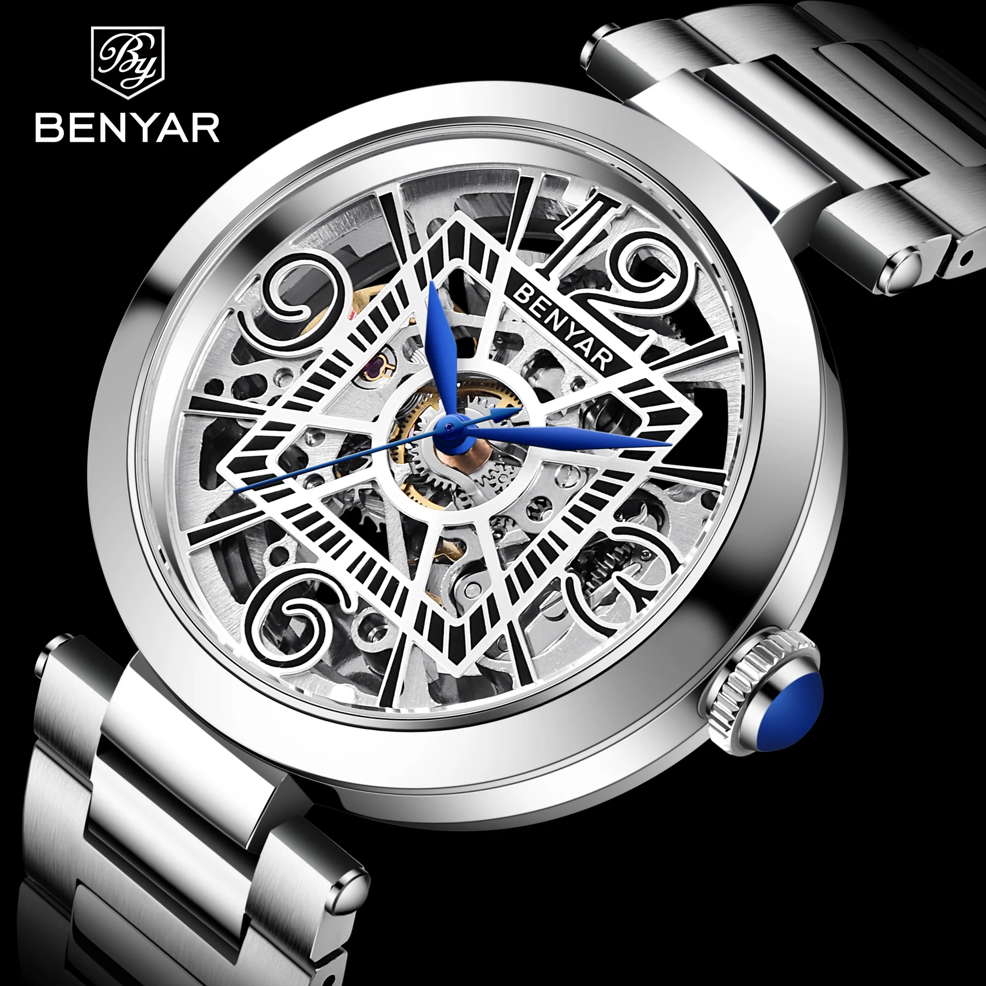 BENYAR Top Brand 2021 New Men's Fashion Mechanical Watch Double Sided Hollow Stainless Steel Men's Waterproof Clock Reloj Hombre
