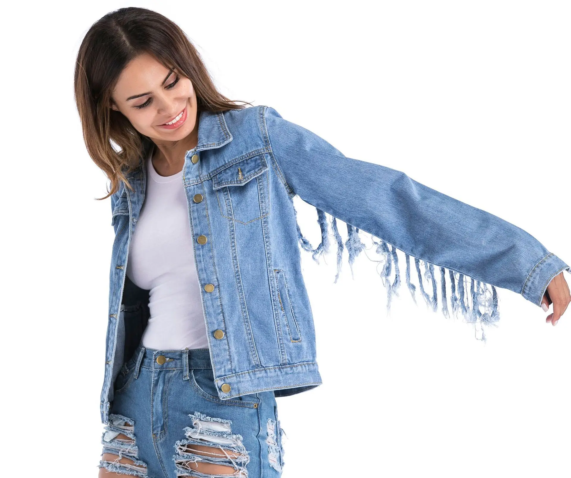 

Real western USA back fringe large denim jacket custom logo print on product and package from 1pc dropship