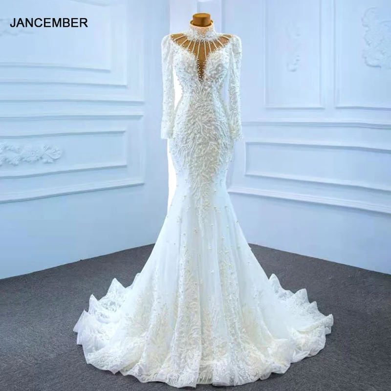 

J67219 White Meimaid Wedding Dress 2021 Appliques Pearls V-Neck Long Sleeve Lace Up Back Beading Appliques