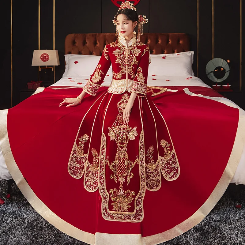 Luxurious Sequins Beading Embroidery Velour Mandarin Collar Marriage Cheongsam Elegant Couple Wedding Dress Свадебное платье