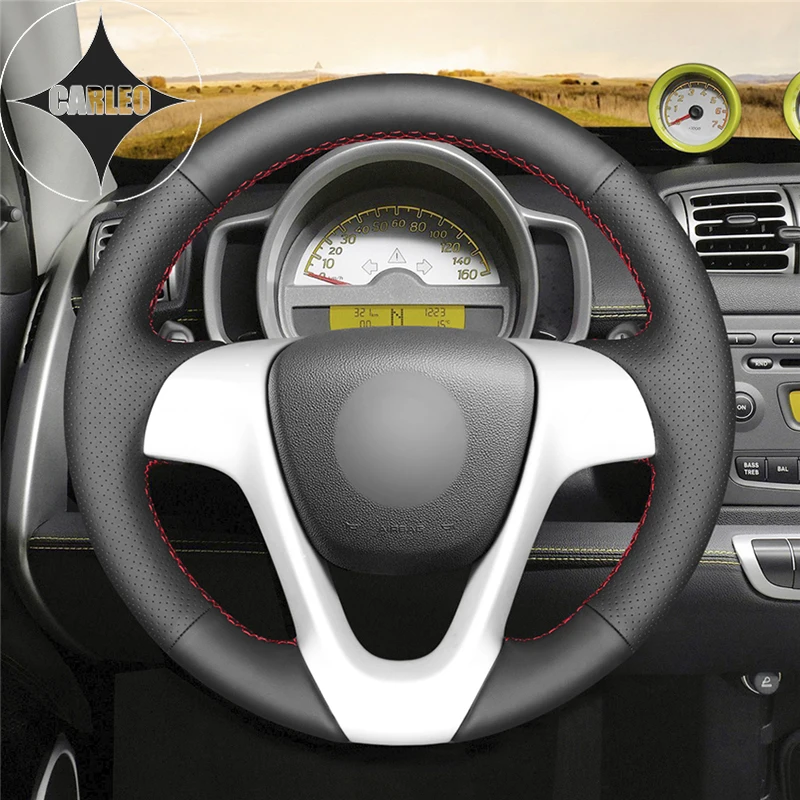 DIY Car Steering Wheel Cover for Smart Fortwo 2009-2012 2013 Smart Forjeremy 2013 Genuine Black Leather Stitching Custom Holder