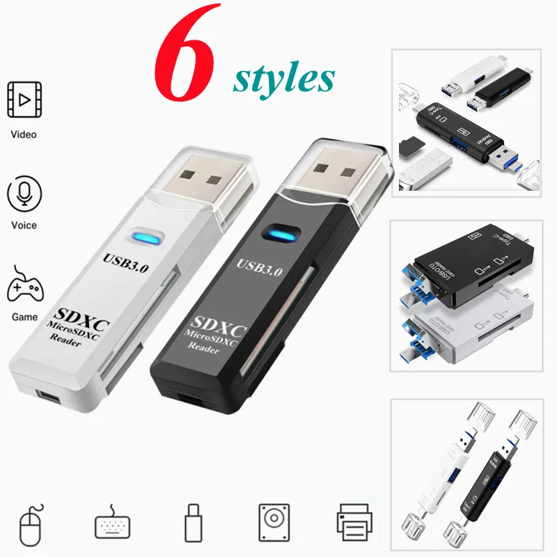 

6 Styles OTG Card Reader USB 3.0/Micro SD/TF Card/Type C Mini Drive-Free Multi-Function Adapter Hub