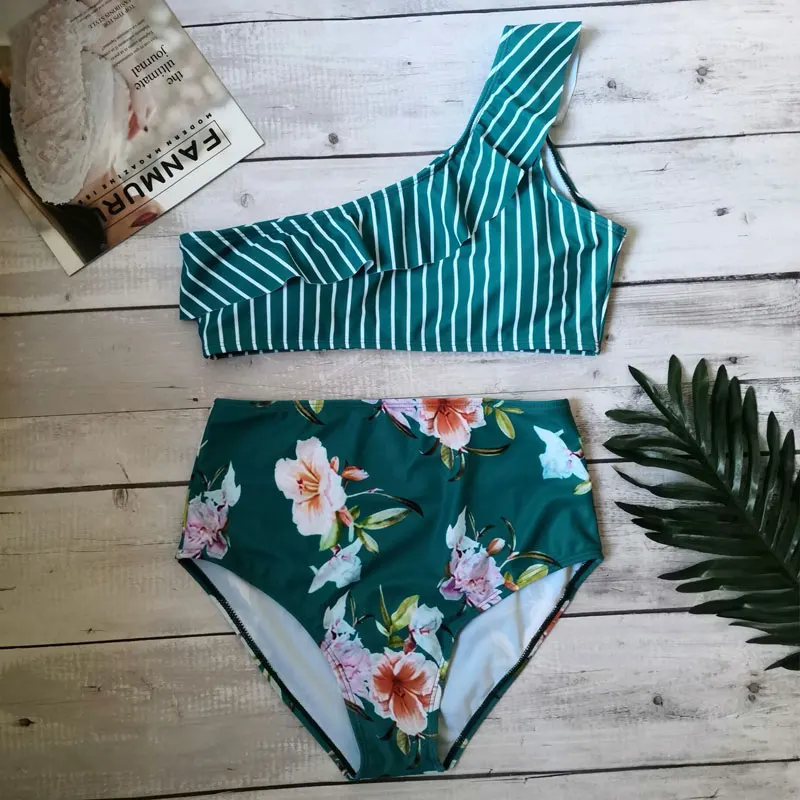SE брендовый комплект бикини на одно плечо Цветочный купальник с высокой талией