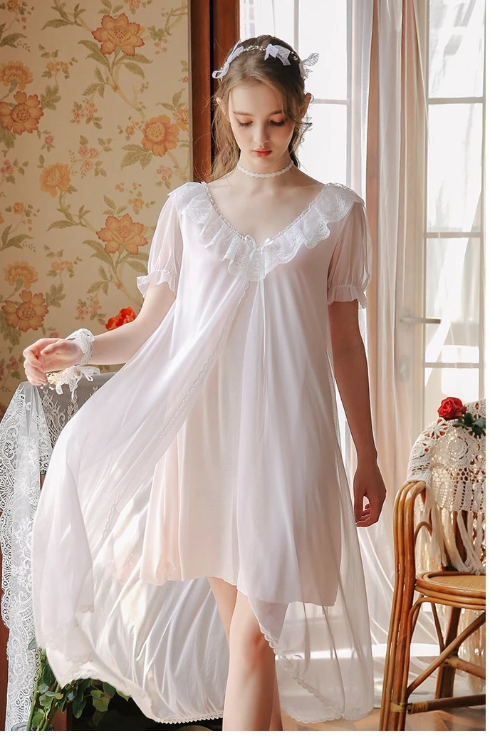 

Womens Night Wear Summer French Royal Style Girl Beautiful Cute V-neck Nightdress Silk Lace Floral Border Mesh Fairy Nightgown