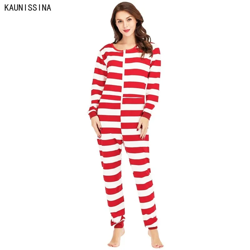 

Женская осенне-зимняя Пижама, комбинезон, взрослая Ночная одежда с длинным рукавом, Рождественские Ползунки, в полоску, на молнии, Женская ц...