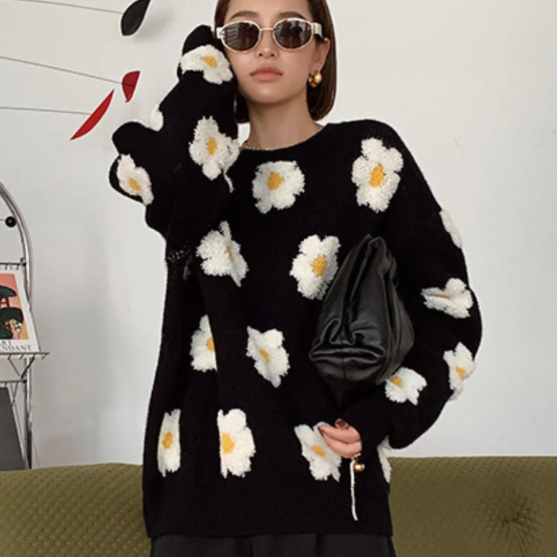 

Daisy Floral Knitted Sweater Women Patchwork Pullover Casual Loose Sweater Fashion Jumper Women Long Sleeve Pull Femme 2021