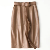 2021 new 100 sheepskin bag hip skirt womens casual genuine leather slim fit medium length ol solid camel leather belt skirt