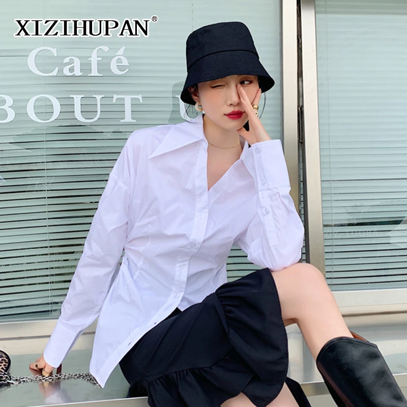 

XIZIHUPAN White Solid Casual Shirt For Women Lapel Long Sleeve Hollow Out Minimalist Shirts Female Spring Fashion Clothing 2021