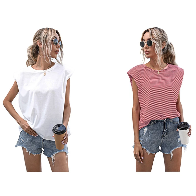 

2 шт., женская футболка без рукавов, в белую и красную полоску