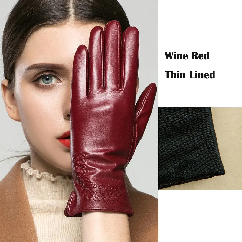 winered thin lined Перчатки из натуральной кожи женские зимние теплые бархатные утепленные высококачественные кожаные перчатки для вождения K2303 - Цвет: winered thin lined