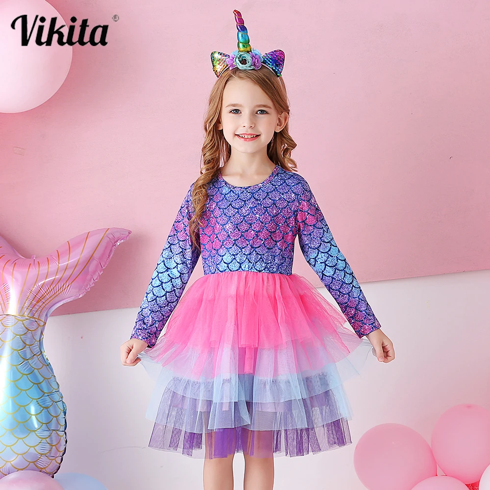 VIKITA-vestido de sirena con tut&uacute; para ni&ntilde;os, ropa de manga larga de malla en capas, disfraces de princesa, oto&ntilde;o y primavera-0