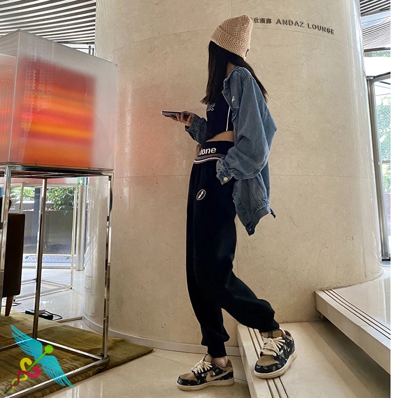 Pants WELLDONE Sweat Women Fashion High-waisted Thread Letter Printed Plus Velvet Warm Casual Pant Sweatpants Baggy