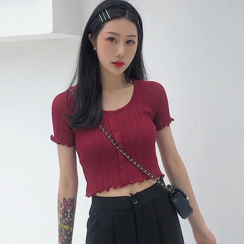 Летняя Милая женская трикотажная футболка короткий рукав Укороченная рубашка Unif