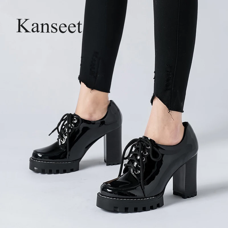 

Kanseet 2021 Autumn New Platform Black Cow Patent Leather Women's Shoes Round Toe High Heels Party Office Lady Female Pumps