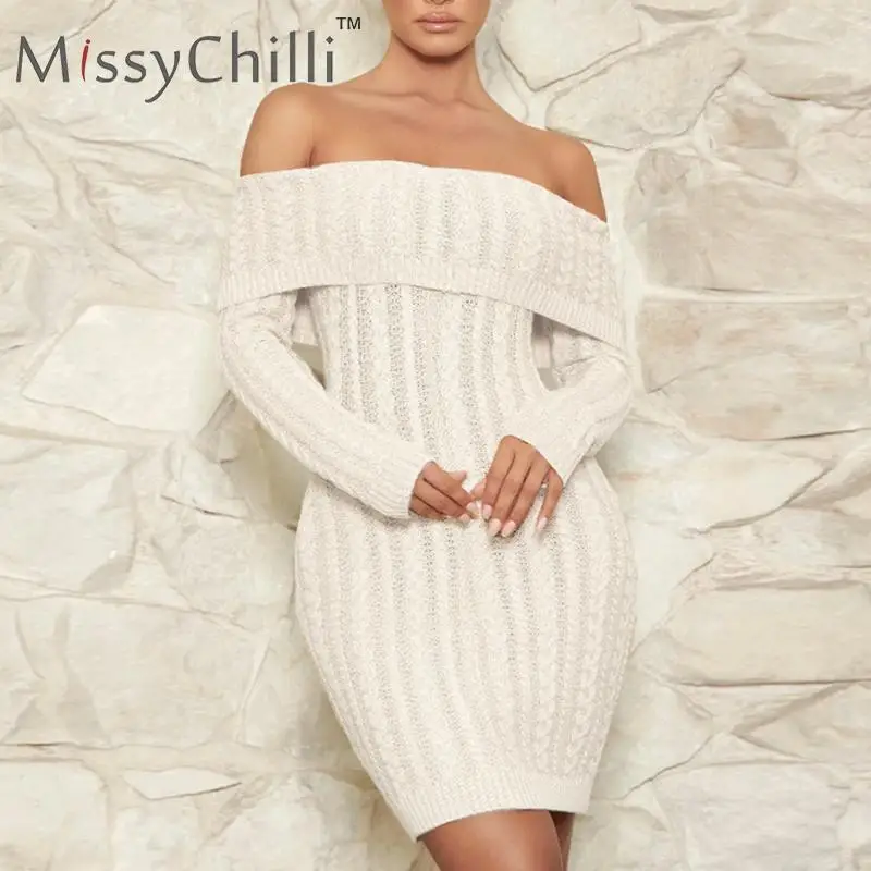 Женское трикотажное платье с открытыми плечами MissyChilli белое вечернее облегающее