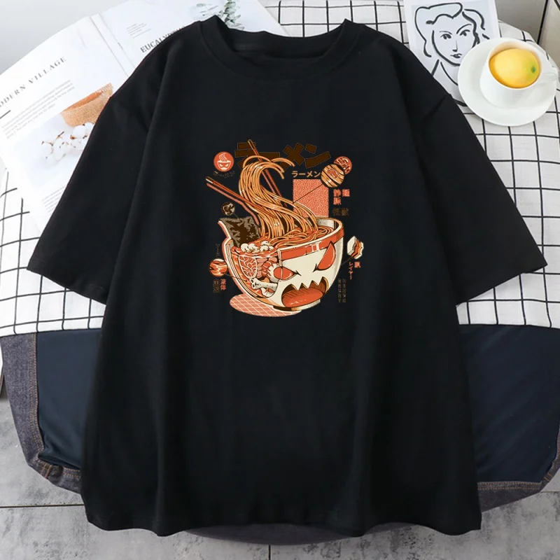 

Japonês ramen anime impressão t camisa mulher o pescoço casual oversize roupas verão bonito dos desenhos animados do punk