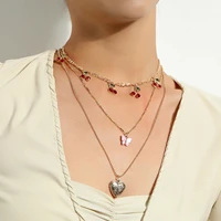 fashionable red cherry open lid peach heart necklace multi layer pink butterfly pendant necklace