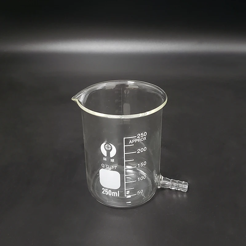 Beaker in low form with Lower tube,Capacity 250ml,Beaker with tubules,Outer diameter=70mm,Height=95mm,Laboratory beaker