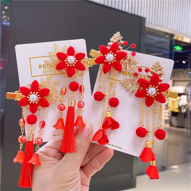 

Красная Детская Античная шпилька Hanfu для девочек ювелирные изделия с кисточкой для головы детская шпилька для волос Бабочка Костюм