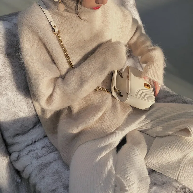 Новинка женский свитер из кашемира и норки с высоким воротником теплый длинными