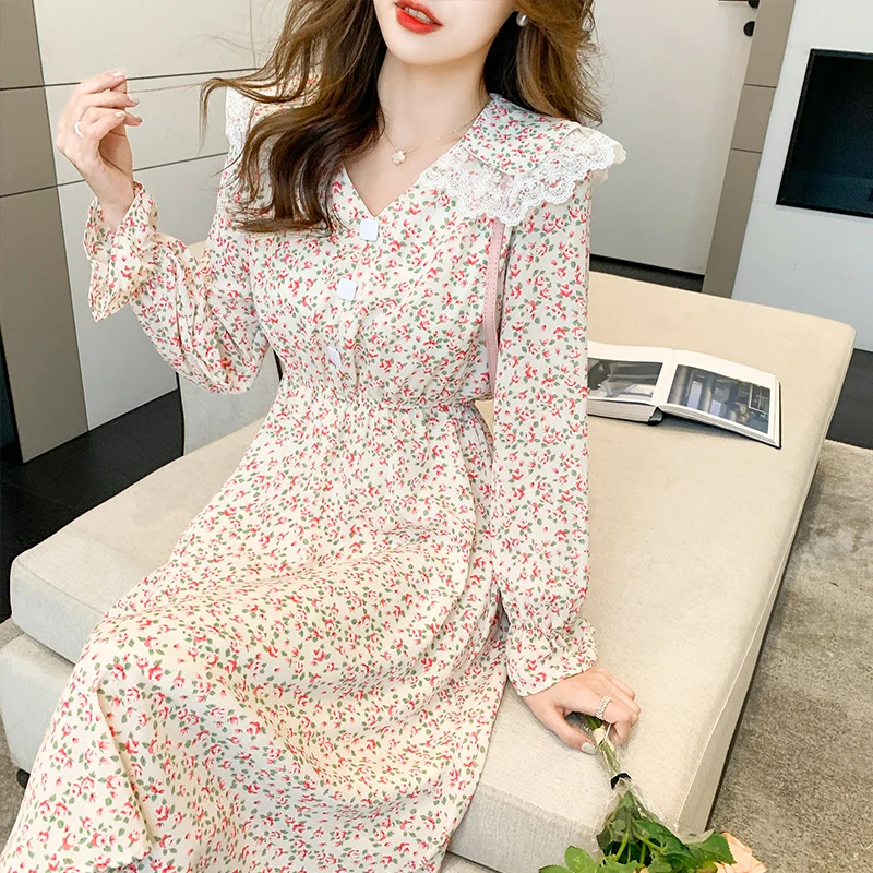 

Lace New Spring Print Floral Dress Women Korean Midi Peter Pan Collar Ladies Dresses Loose Long Sleeve Woman Dress Vestidos