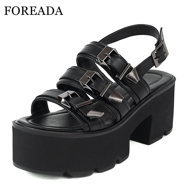 

FOREADA Woman Punk Sandals Shoes High Heel Buckle Sandals Platform Round Toe Shoes Block Heel Gothic Lady Footwear Summer 35-44