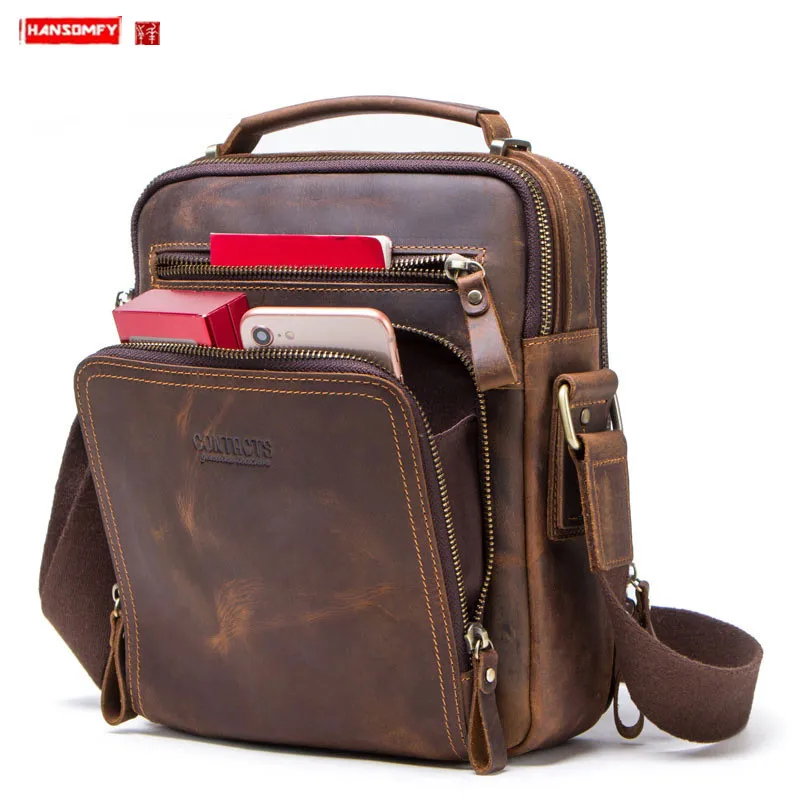 New Genuine Leather Handbags Men Shoulder Messenger Bag Crazy Horse Cowhide Crossbody Men's Bags