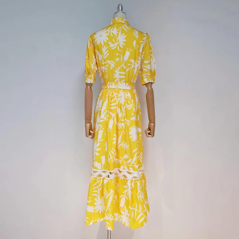 

TWOTWINSTYLE Print Vintage Dress For Women Lapel Collar Half Sleeve High Waist Hit Color Ankle Length Dresses Females 2021 Style