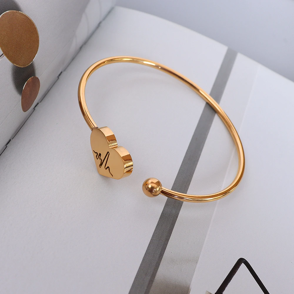 

New Arrival Stainless Steel Peach Heart Stretch Band Bangle Silver Gold Rose Color ECG Twisted Line Pattern Adjustable Bangle