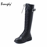 brangdy genuine leather women knee hight boots round toe metal decoration women shoes zipper women winter boots warm fur lace up
