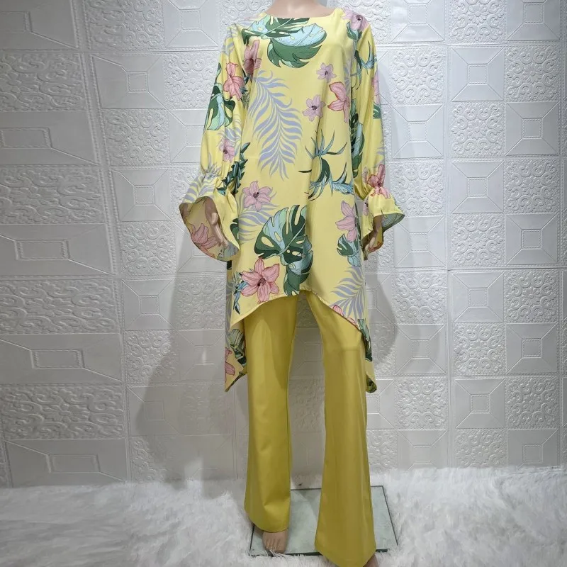 

2 Piece Sets Dashiki African Matching Set For Women Long Tops Dress And Bazin Pant Suits Flower Print Streetwear Muslim Robe