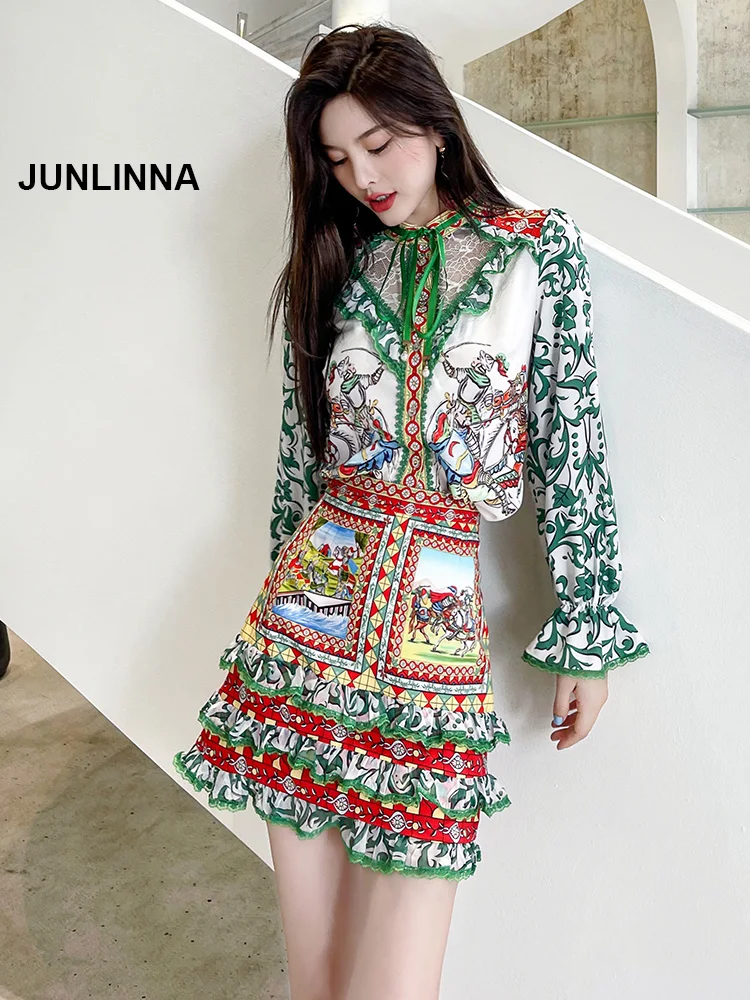 

Fashion New Women Sicilian Two Piece Sets 2021 Butterfly Sleeve Lace Bow Blouse+Cascading Ruffles Skirt Flower Print Set