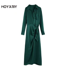 MOYATIIY – robe chemise mi longue en Satin pour femmes, élégante, verte, douce au toucher, avec Slash, manches longues  (3)