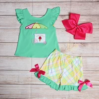 summer girls clothes green sleeveless top and red bow shorts ice cream cart parasol embroidery pattern toddler girl outfits