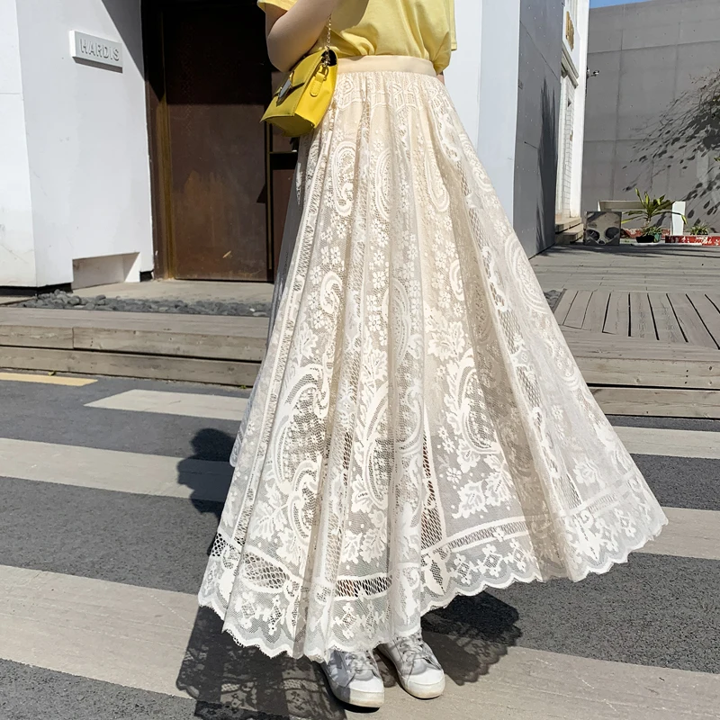 

Korean Chic Spring Summer Women Maxi Skirt High Waist Black Apricot White Hollow Out Fairy Skirts Elegant Lace Party Long Skirt
