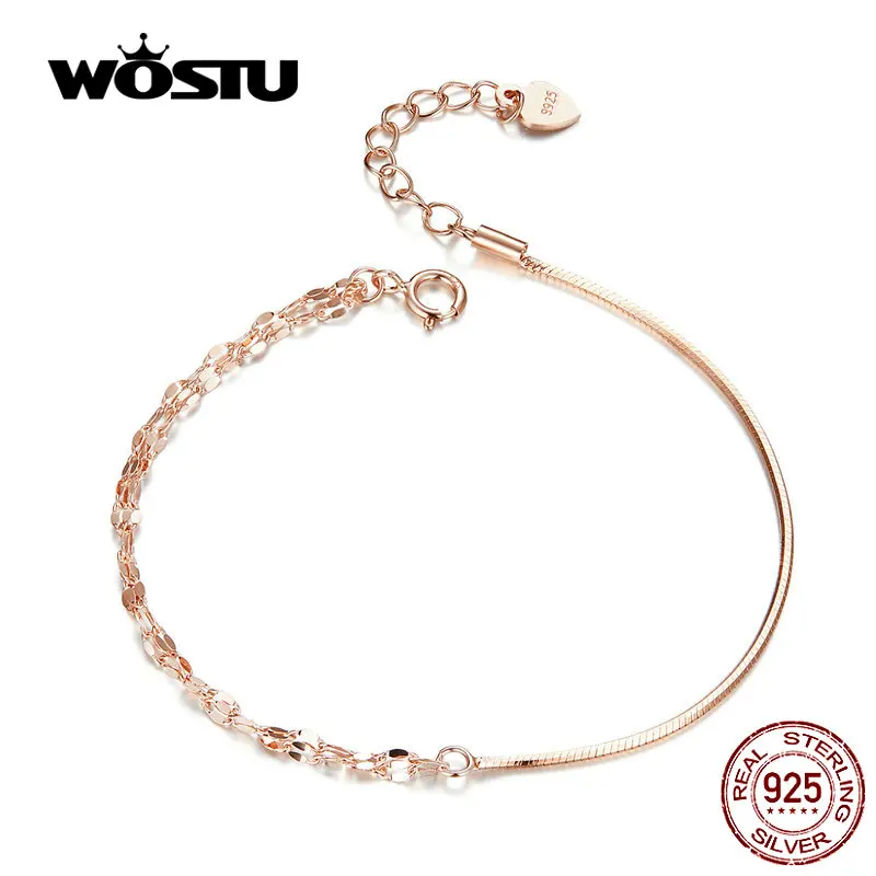 WOSTU, розовое золото, простые браслеты, 925 пробы, серебряный браслет, оригинальные браслеты для женщин, минималистичные Свадебные ювелирные изделия CQB149